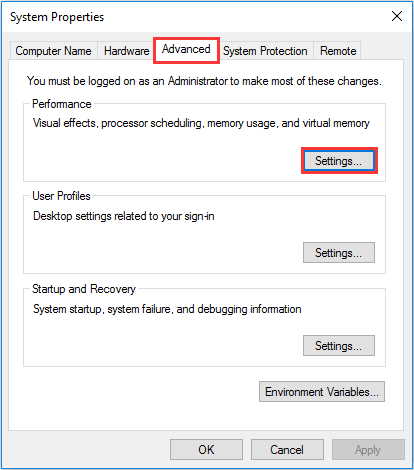 cambiar la configuración del rendimiento del sistema