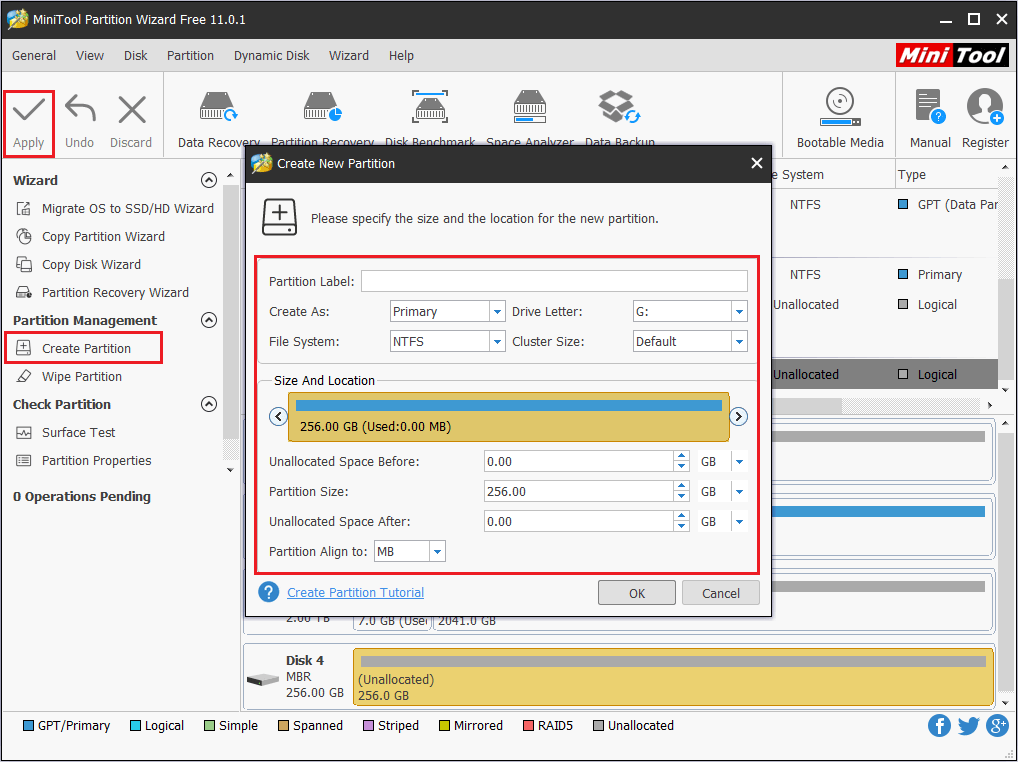 crear una partición usando MiniTool Partition Wizard