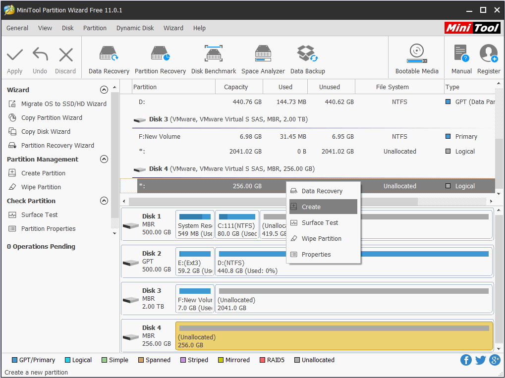 crear partición en MiniTool Partition Wizard