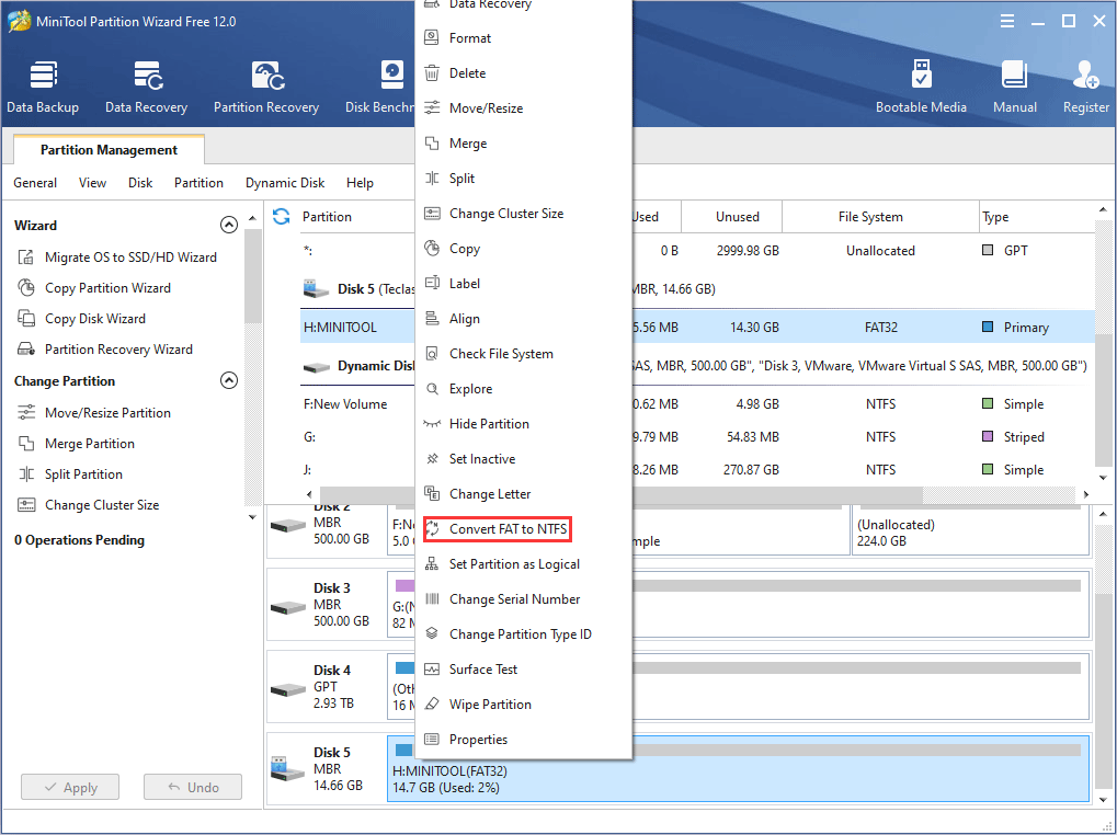 activar la función Convertir FAT a NTFS