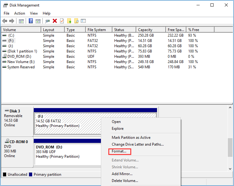 formatear la partición de la unidad flash USB en Administración de discos