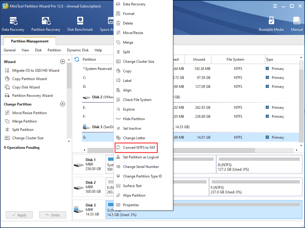 convertir NTFS a FAT con MiniTool Partition Wizard