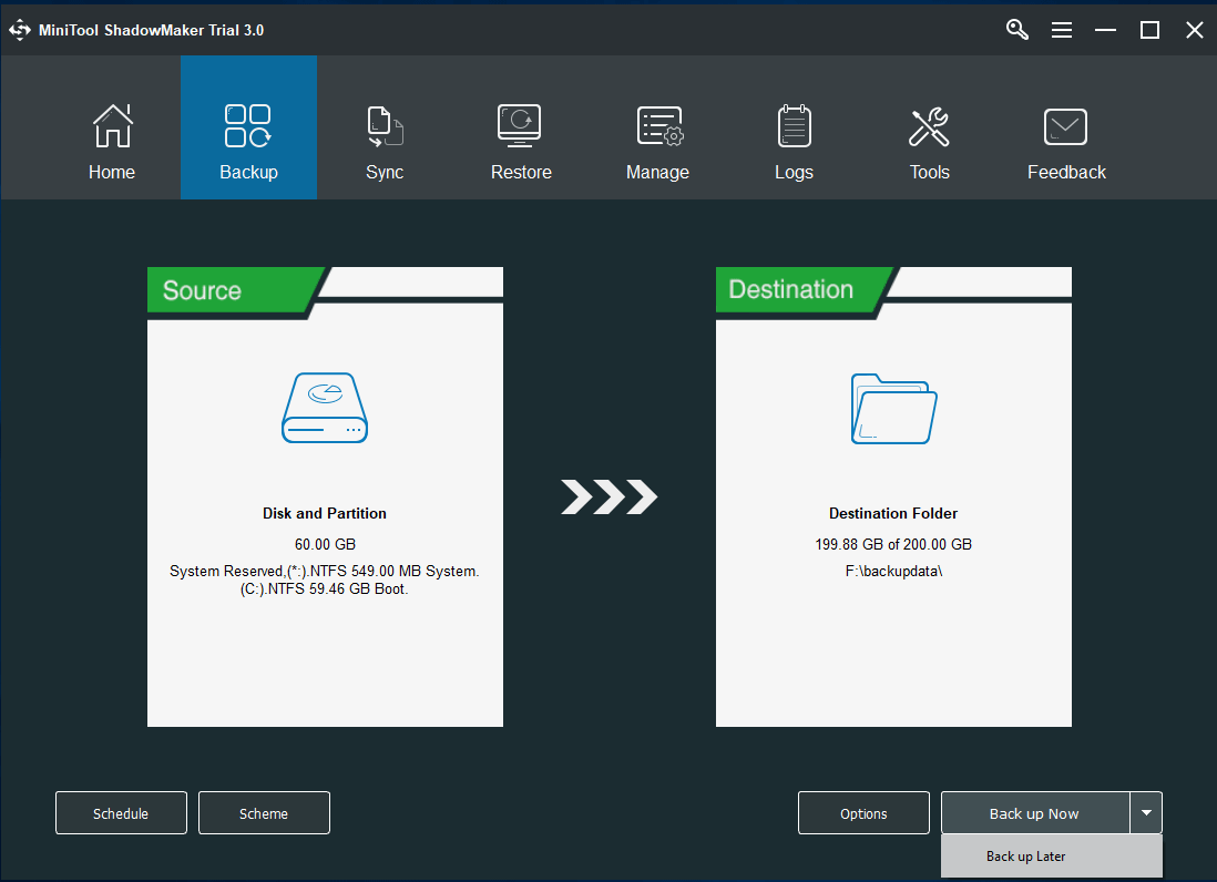 haga clic en Copia de seguridad ahora para realizar la acción de copia de seguridad inmediatamente