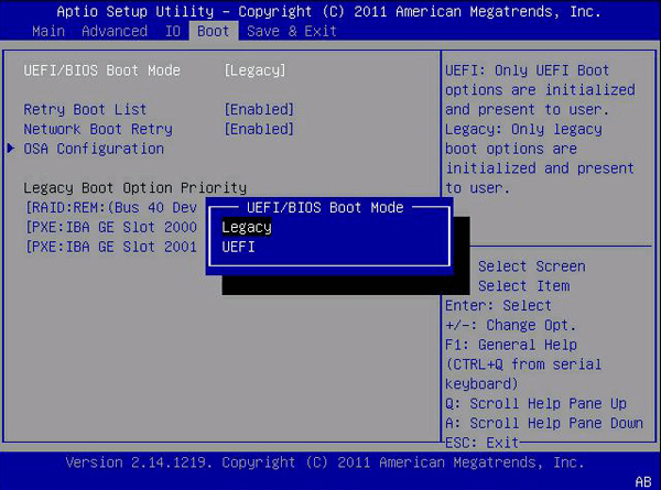 seleccione el modo de arranque UEFI o BIOS