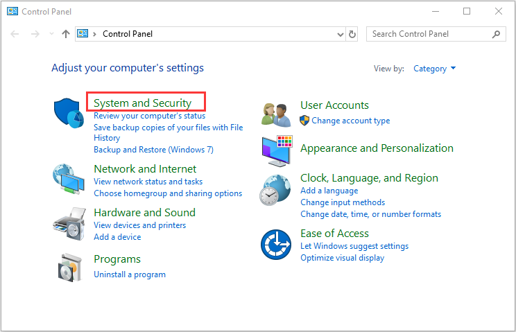 encontrar sistema y seguridad en el panel de control