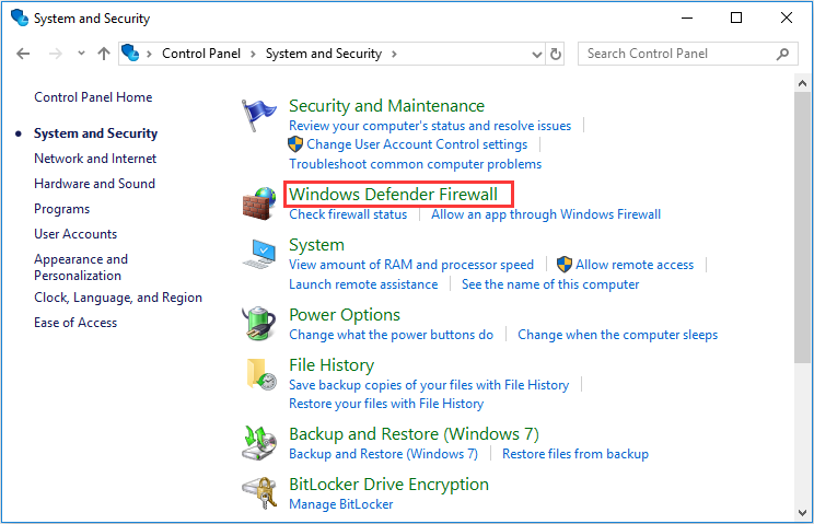 hoose Firewall de Windows Defender