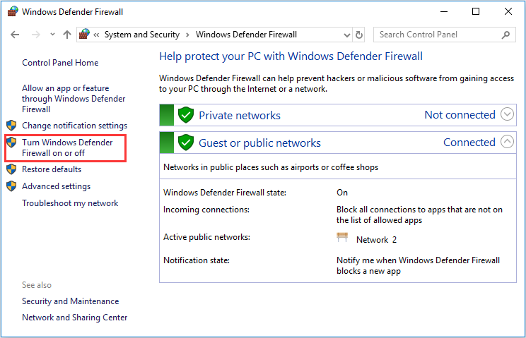 activar o desactivar el Firewall de Windows Defender