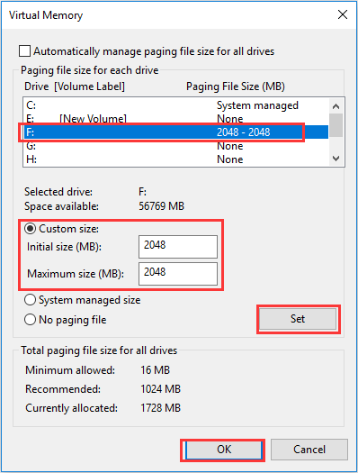 configurar la memoria virtual en una partición que no es del sistema