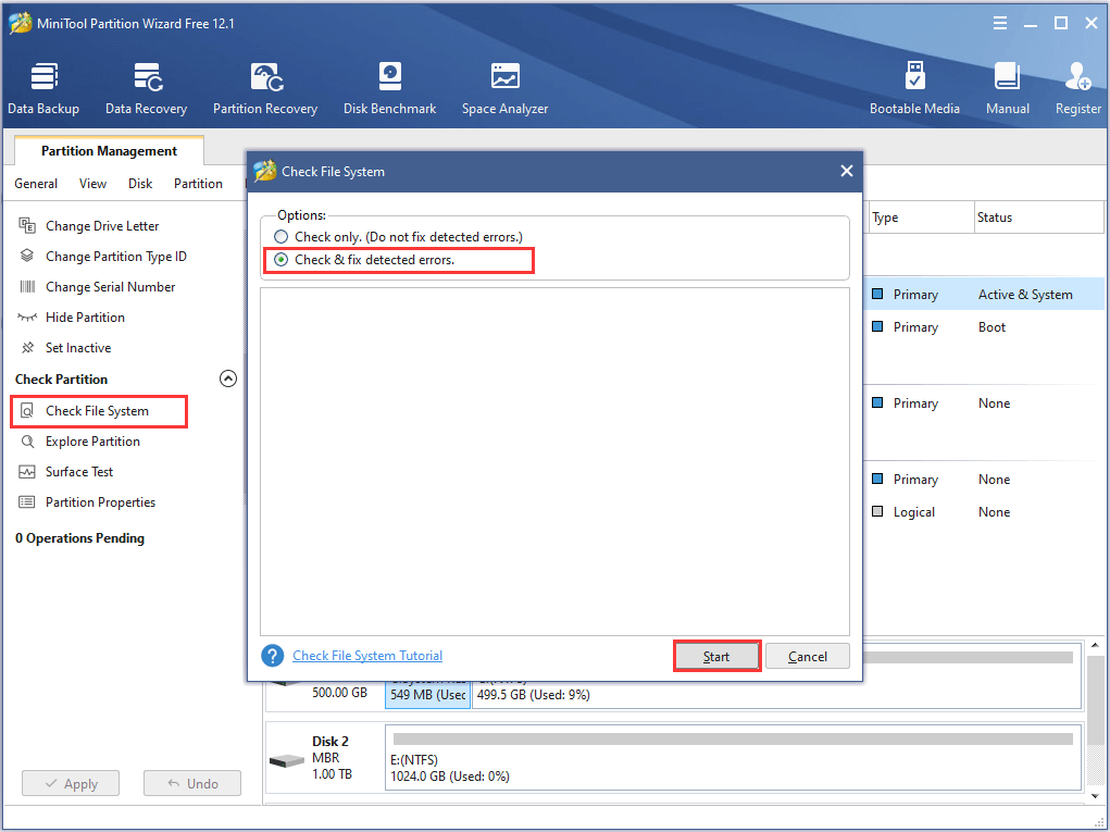 comprobar y reparar el sistema de archivos de la partición reservada del sistema