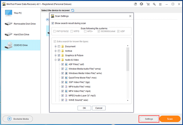 use la función de configuración para elegir el tipo de datos que desea recuperar