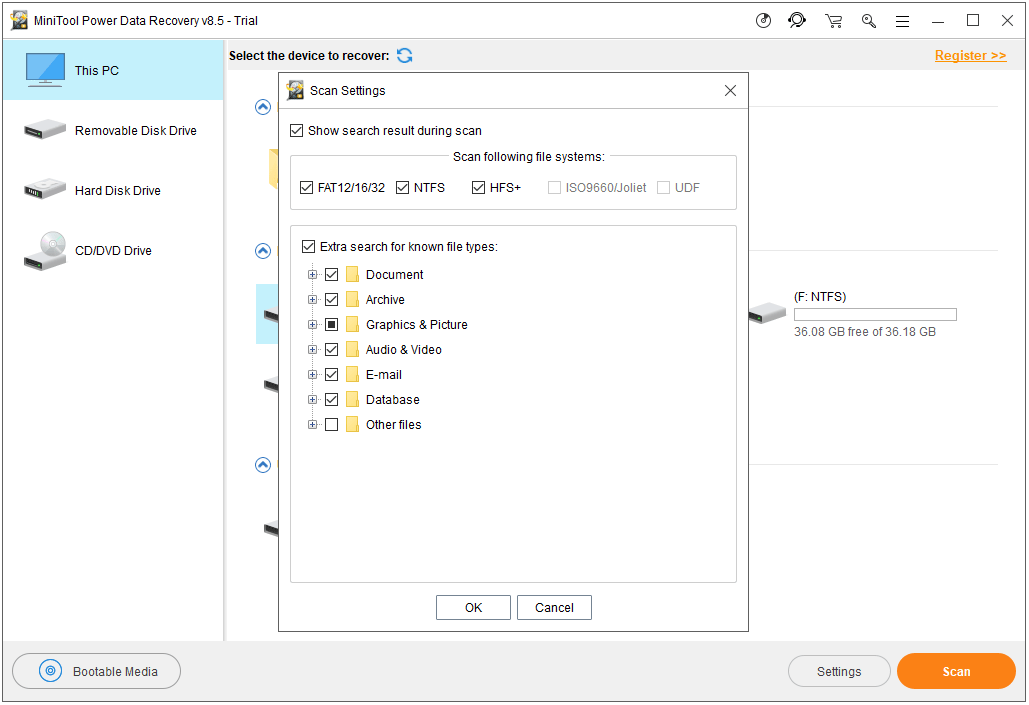 establecer la configuración de escaneo