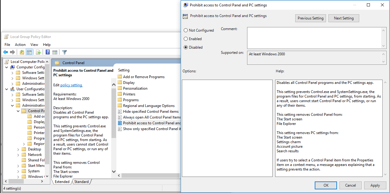 habilitar la configuración de Windows a través de la política de grupo