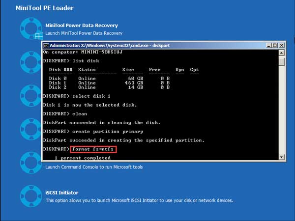 escriba format fs = ntfs y presione enter