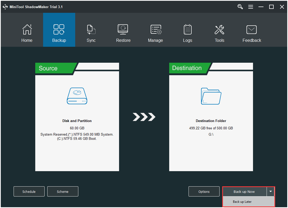 haga clic en Copia de seguridad ahora para continuar