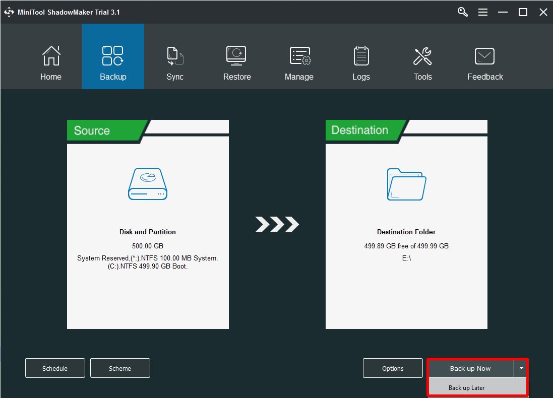 haga clic en Respaldar ahora para respaldar el sistema operativo