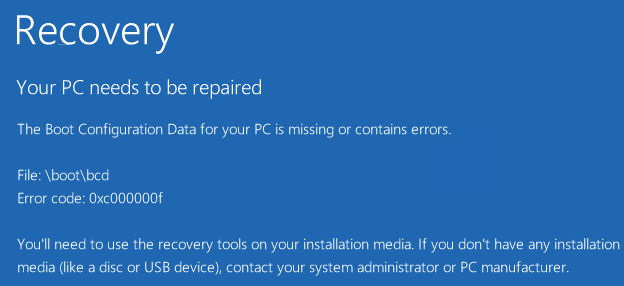 aparece el error 0xc000000f durante el inicio de Windows 8 y Windows 10