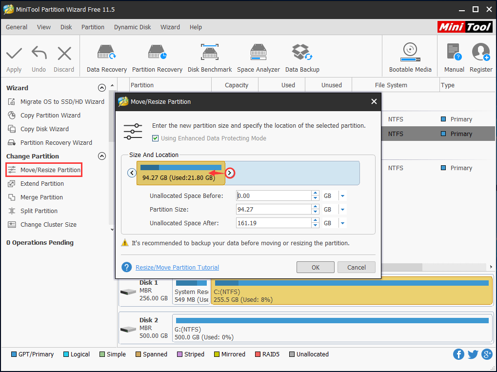 cambiar el tamaño de la partición con MiniTool Partition Wizard