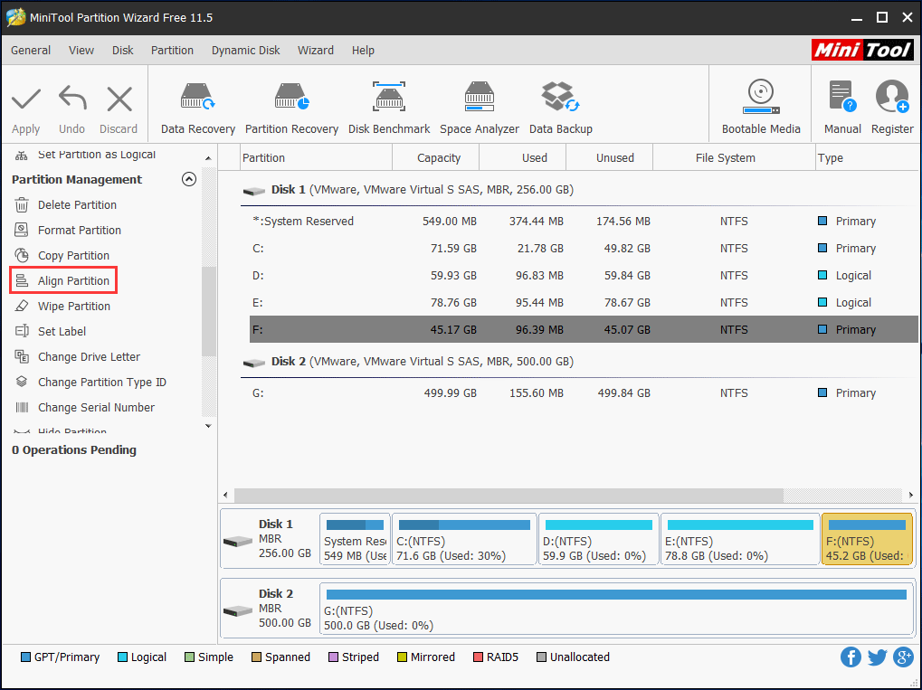 alinear una partición con MiniTool Partition Wizard