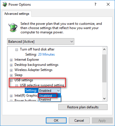 Configuración de suspensión selectiva de USB