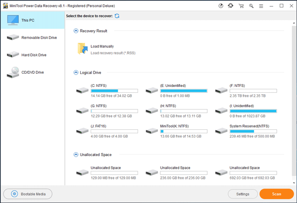 elija el disco duro externo de destino para escanear desde esta interfaz de PC