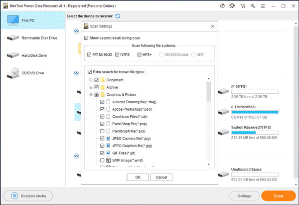 use la función de configuración para decidir los tipos de archivo que desea recuperar