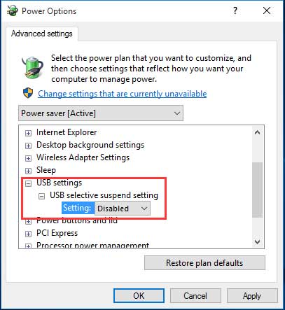 establecer la configuración de suspensión selectiva de usb deshabilitada