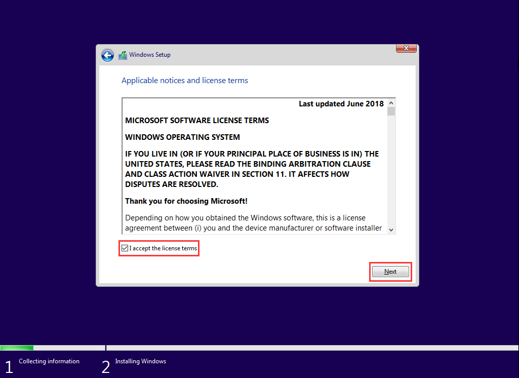 comprobar Acepto los términos de la licencia