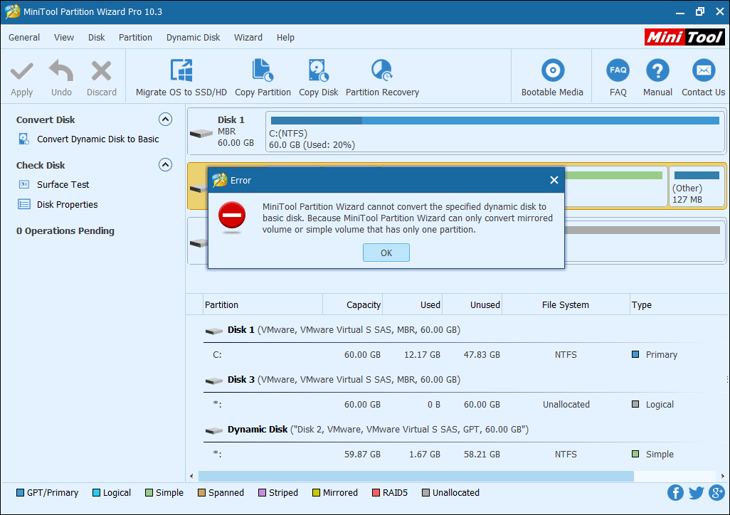 no se pudo convertir el disco dinámico especificado