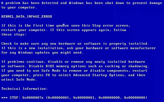 error de entrada de datos del kernel 0x0000007a código de detención