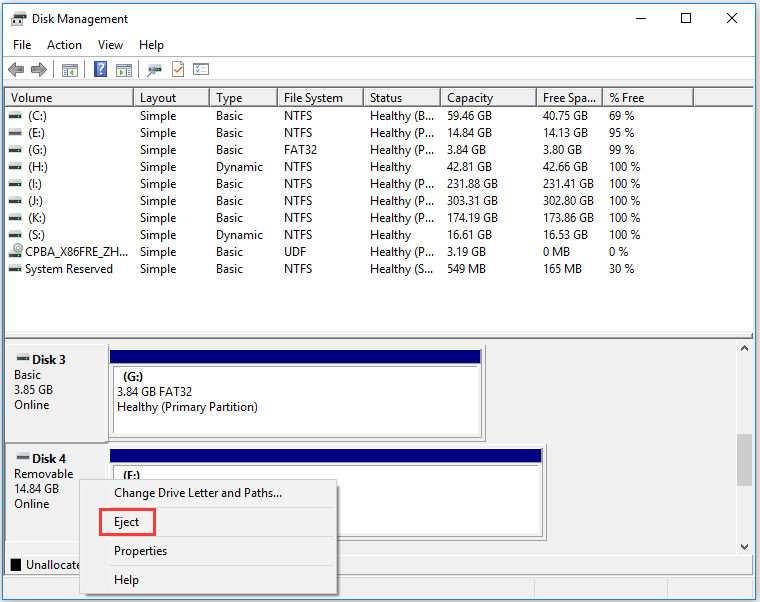 expulsar la unidad extraíble USB en Administración de discos