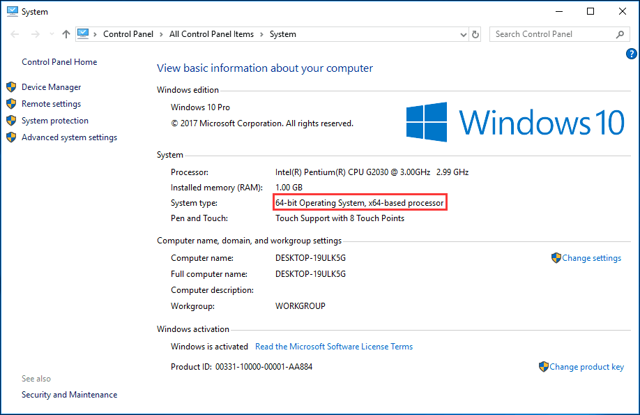 Tipo de sistema Windows 10