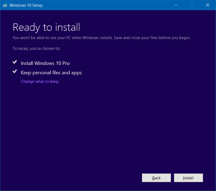 haga clic en Instalar para comenzar a reinstalar Windows 10