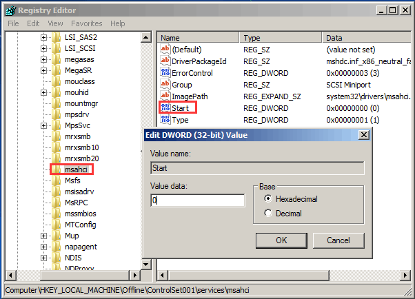 cambiar los datos del valor de la clave msahci a 0