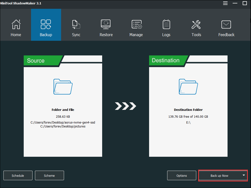 haga clic en Hacer copia de seguridad ahora para realizar la acción inmediatamente