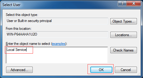 escriba Servicio local en el cuadro y haga clic en Aceptar para continuar