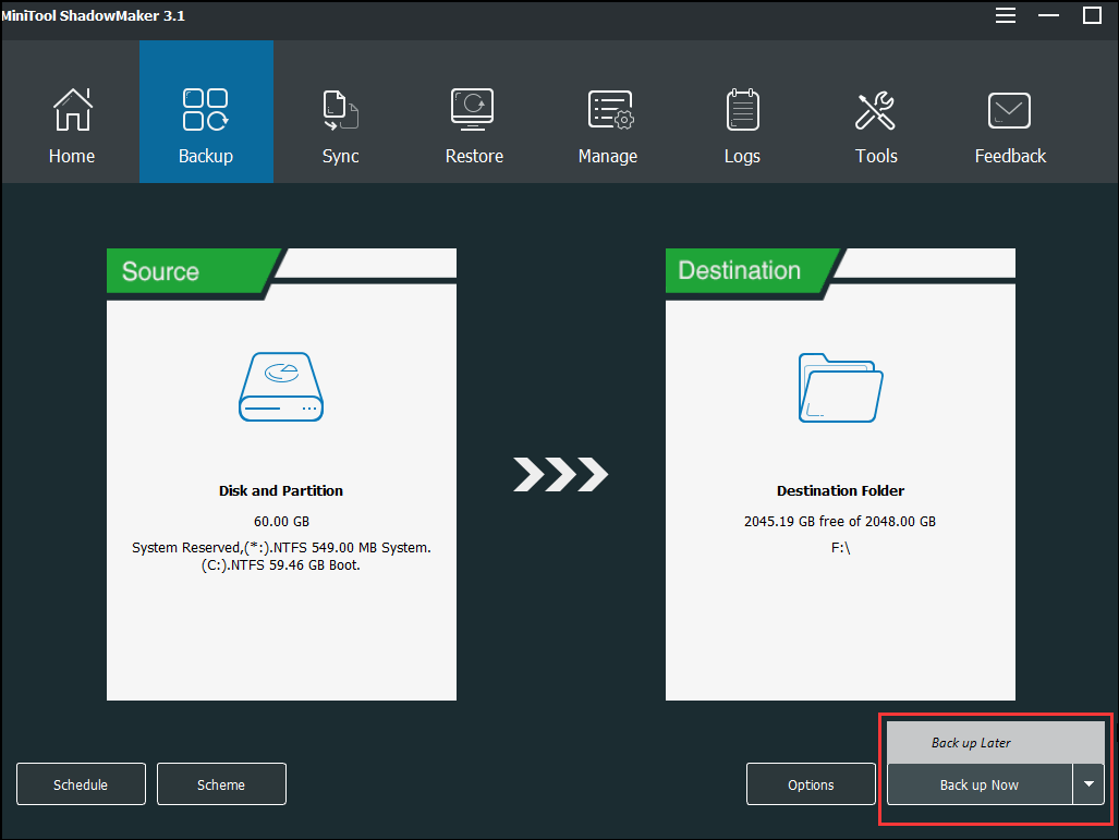 haga clic en Copia de seguridad ahora para iniciar la copia de seguridad del disco duro de inmediato