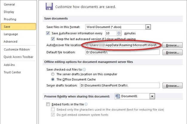 Emplacement du fichier de récupération automatique