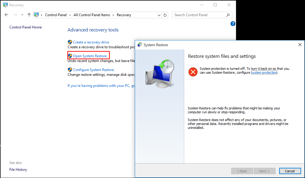 restauración del sistema de Windows 10