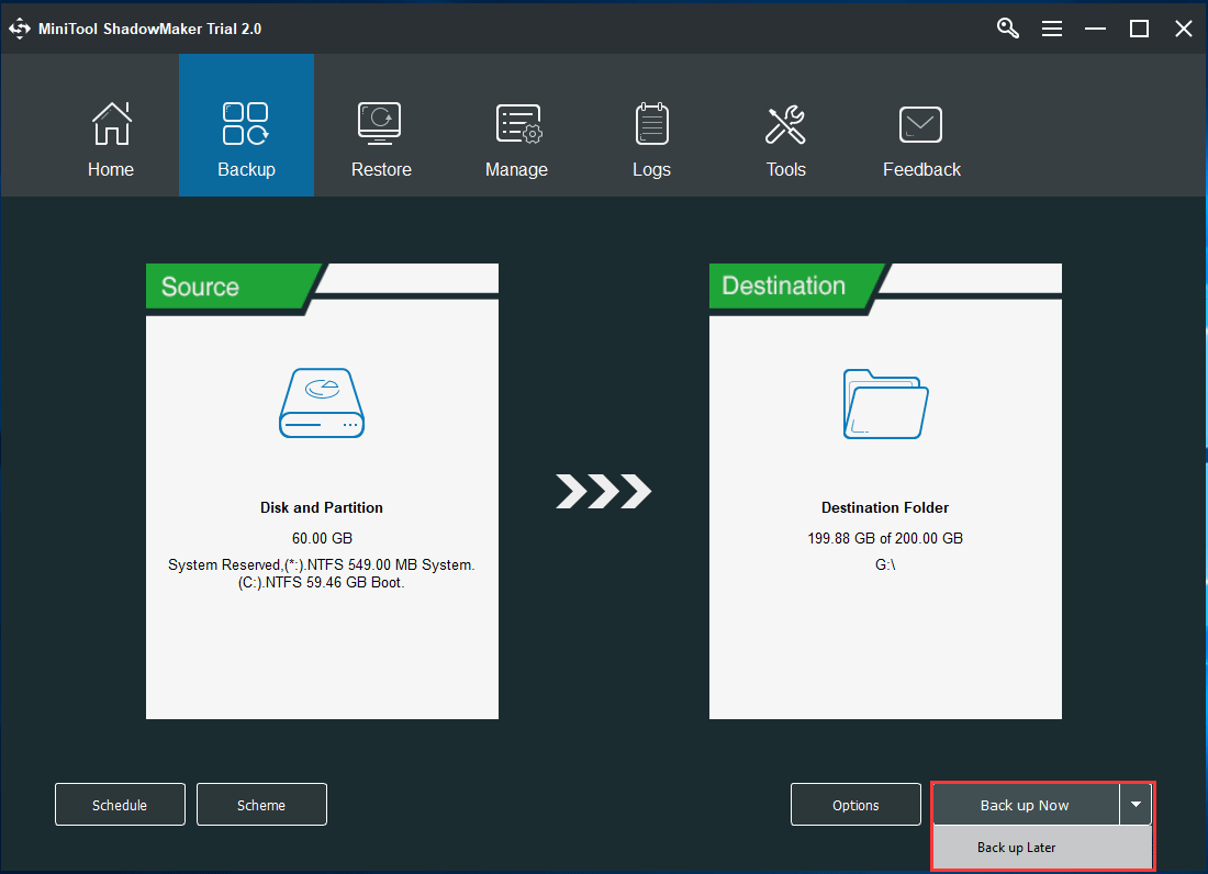 haga clic en Copia de seguridad ahora para continuar