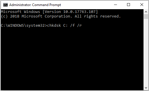 escriba chkdsk C: / f / r para corregir los errores del disco