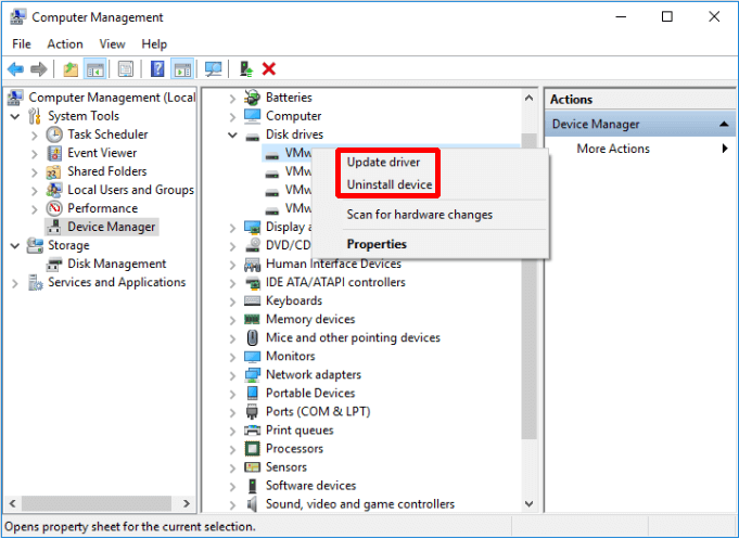 elija Actualizar controlador o Desinstalar dispositivo