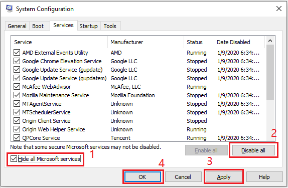 deshabilitar todos excepto los servicios de Microsoft