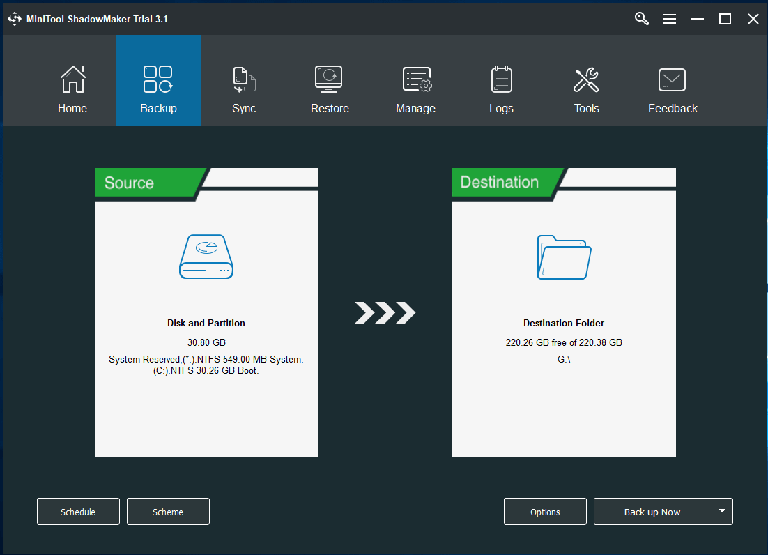 MiniTool ShadowMaker realiza una copia de seguridad del sistema operativo de forma predeterminada