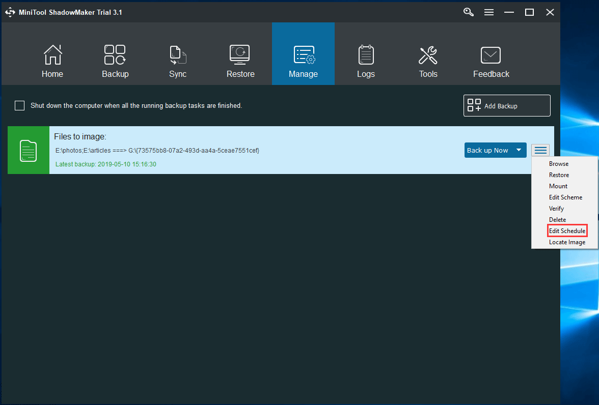 crear una copia de seguridad automática de archivos en la página Administrar