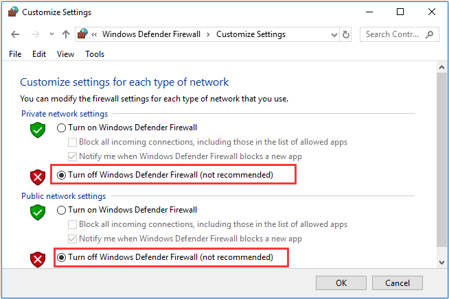 deshabilitar el Firewall de Windows Defender