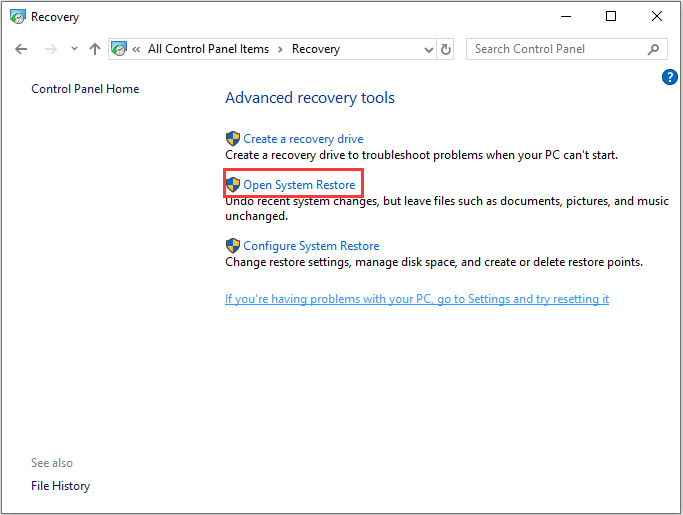 elija Restaurar sistema abierto