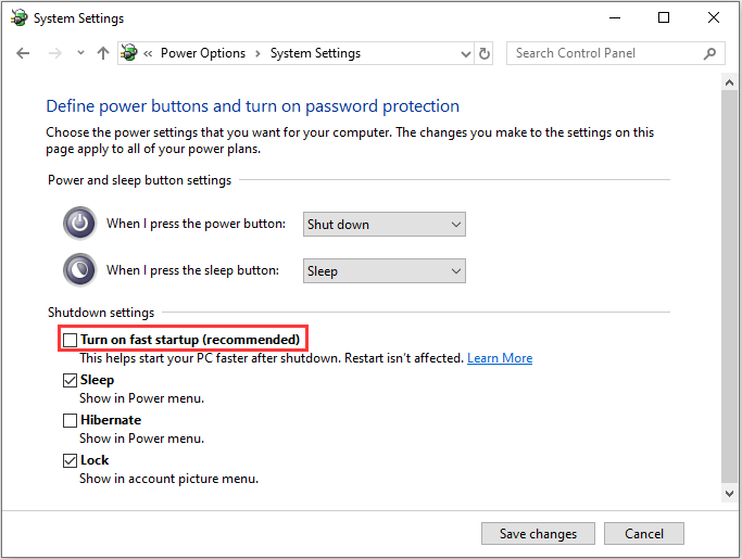 apague el inicio rápido y guarde los cambios