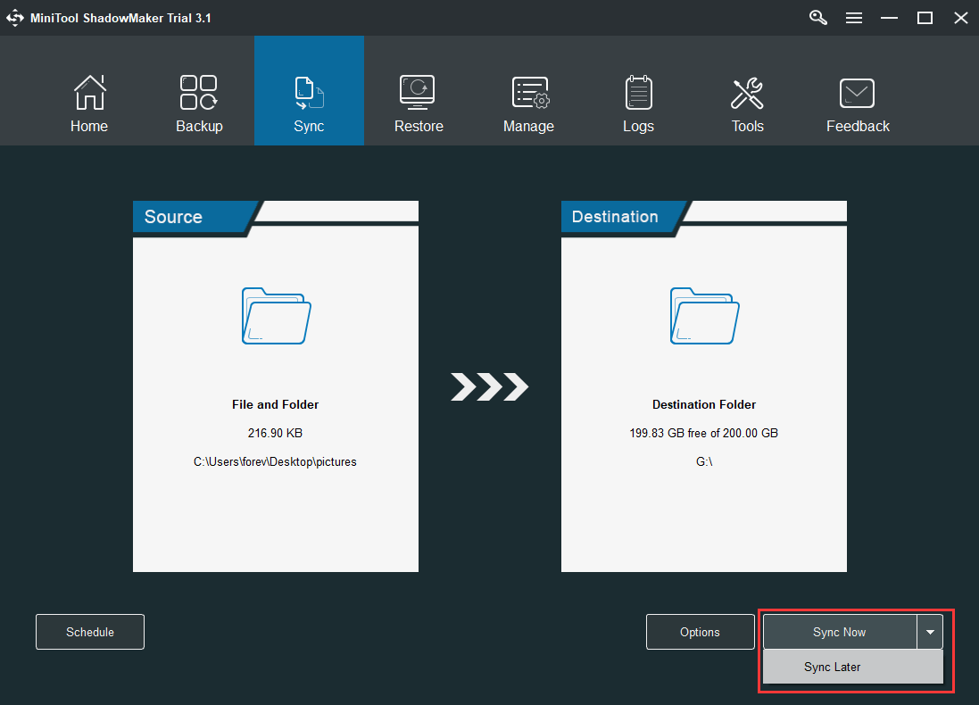 haga clic en Sincronizar ahora para iniciar la tarea de inmediato