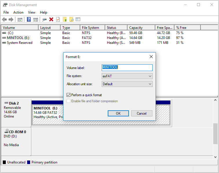 formatear la unidad USB en Administración de discos