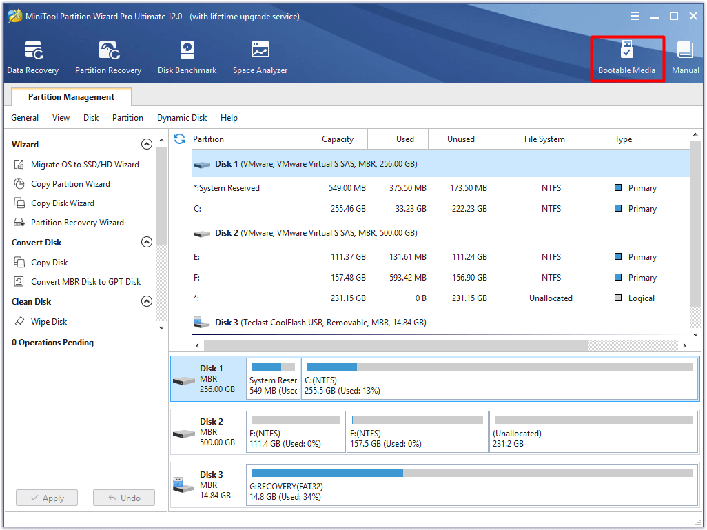 haga clic en la función de medios de arranque